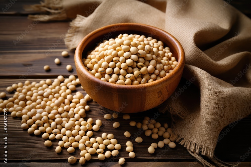 Soya bean in bowl on wooden background. Close up view.