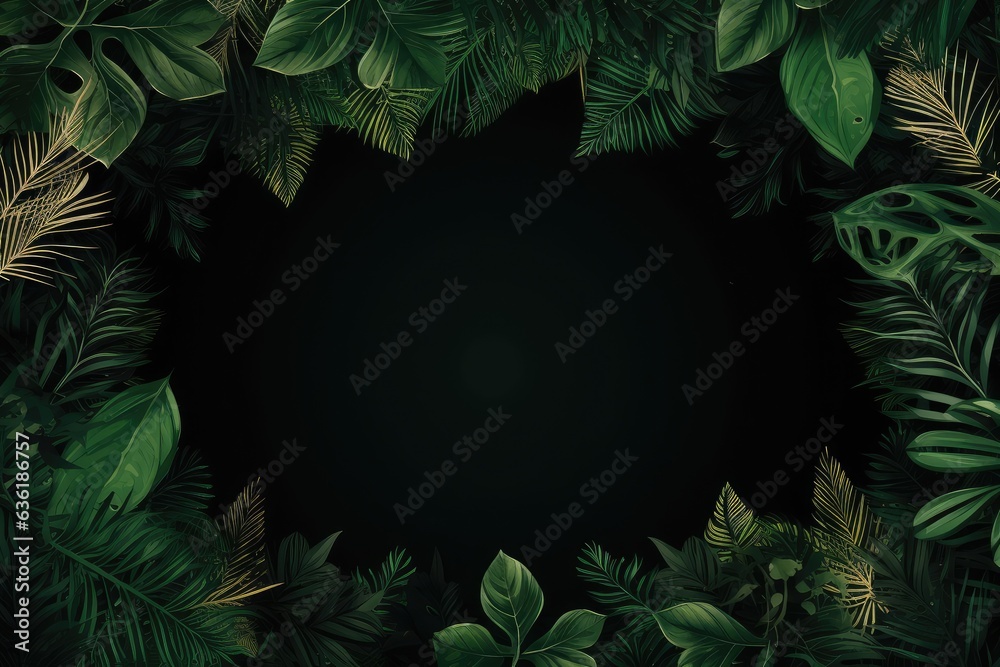 Tropical leaves frame on black background. 3d illustration. Beautiful jungle background with border 