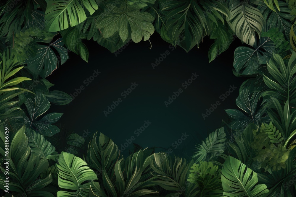 Tropical background with monstera leaves and space for text. Beautiful jungle background with border