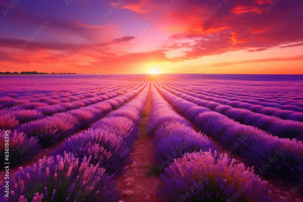 Beautiful sunset over lavender field in Provence, France, Beautiful lavender field landscape view at