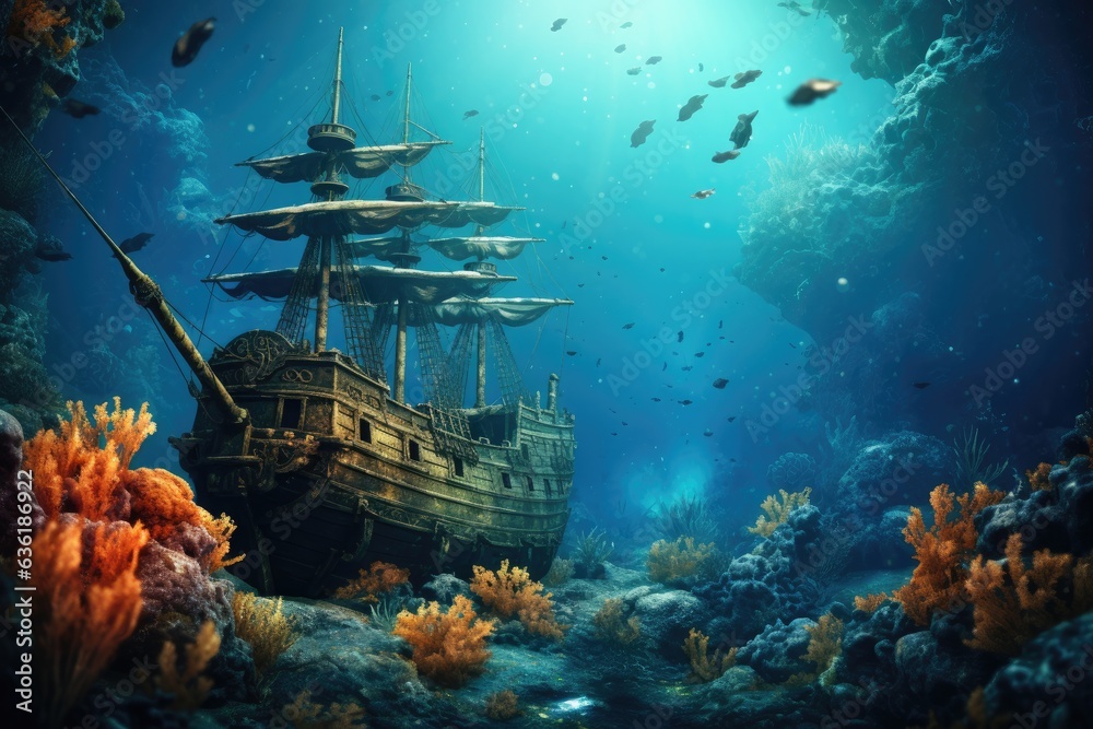 Tropical underwater scene with a pirate ship and corals. Beautiful underwater world with old shipwre