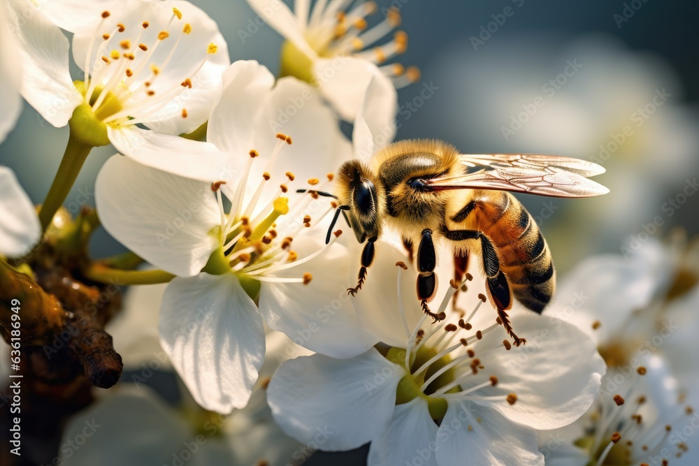 Bee pollinates white flowers of cherry tree. Pollination of fruit trees. Bee collecting honey from a