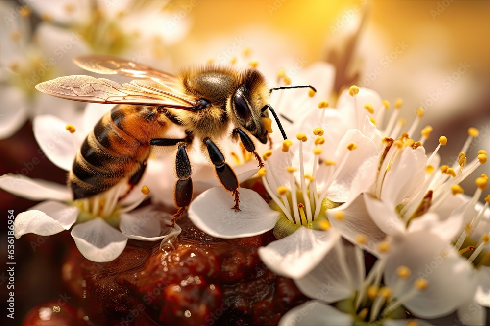 Honey bee collecting nectar from flowers of a blossoming tree, Bee collecting honey from a small flo