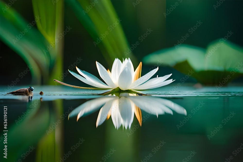  white  flowers with dragonfly in lake 