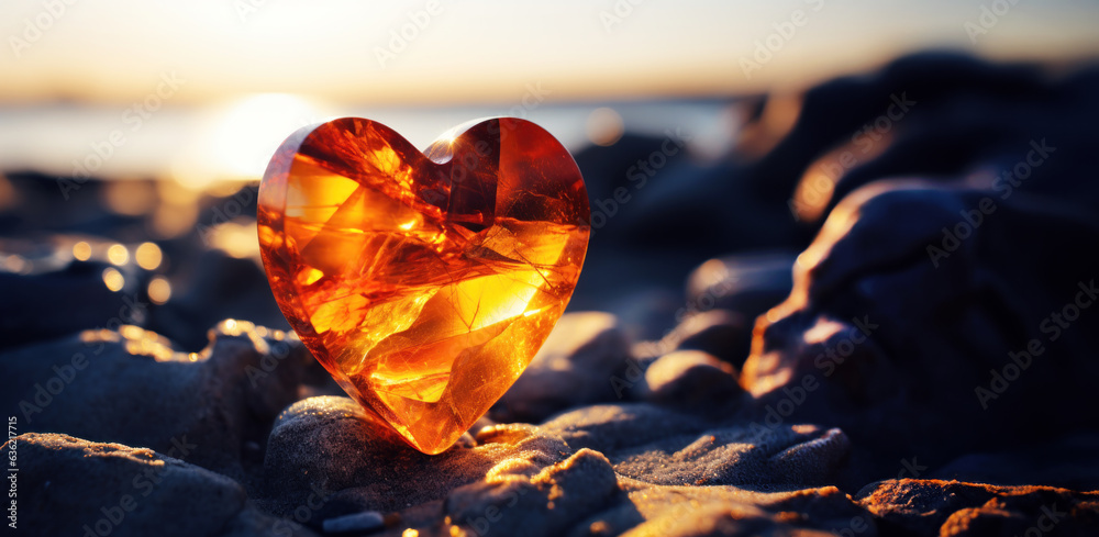 Heart shaped amber on sand on the beach at sunset