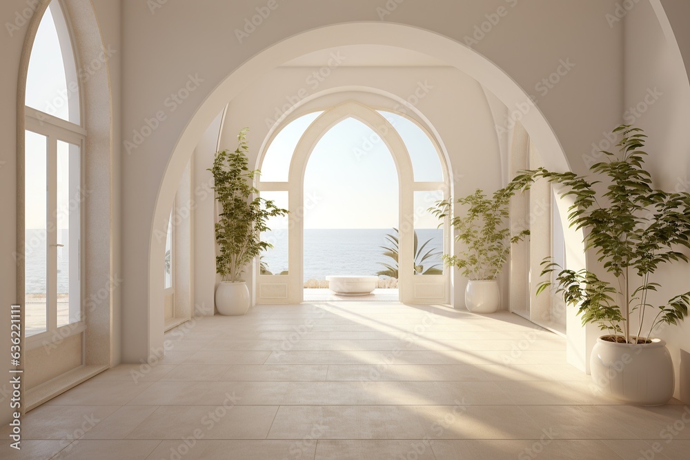 Through the large window, a stunning view of the outdoor greenery is framed by the graceful arch of 