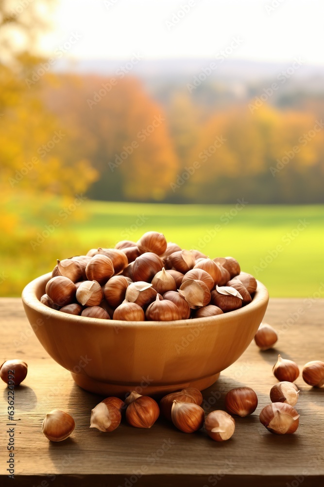 A wooden bowl full of hazelnuts on wooden table. Blurred hazelnut field in the background. front vie