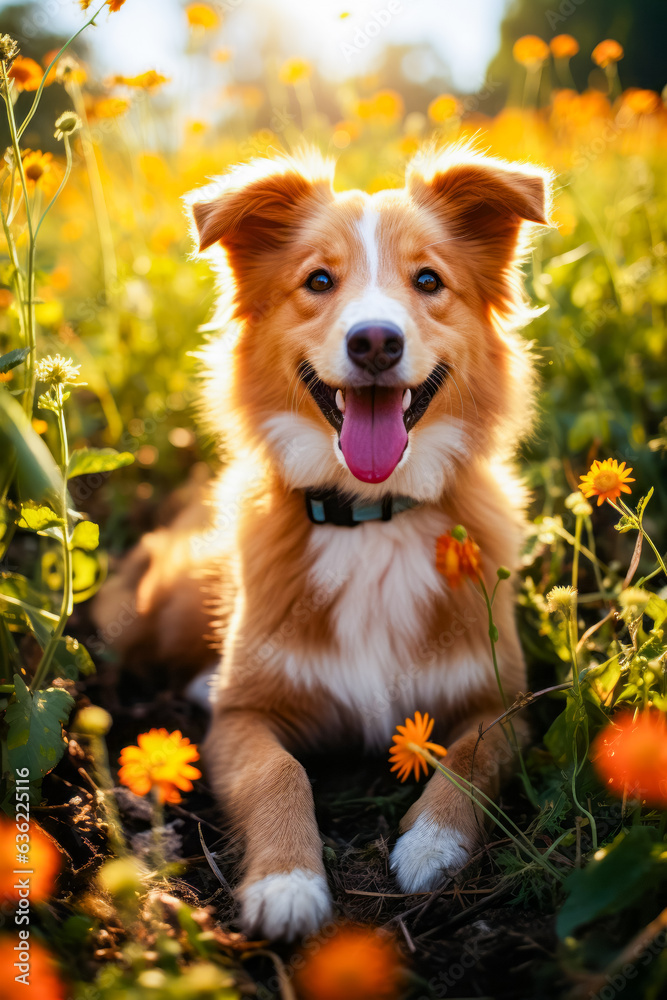 Brown and white dog sitting in field of flowers.