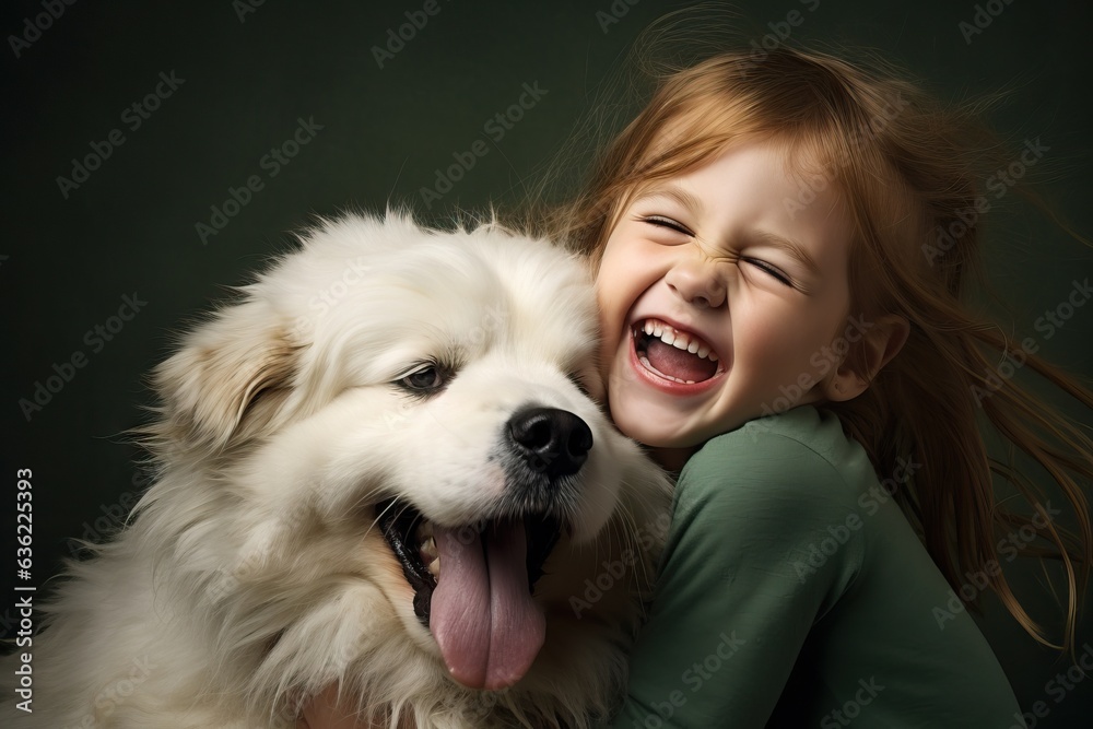 little girl holding dog on the floor