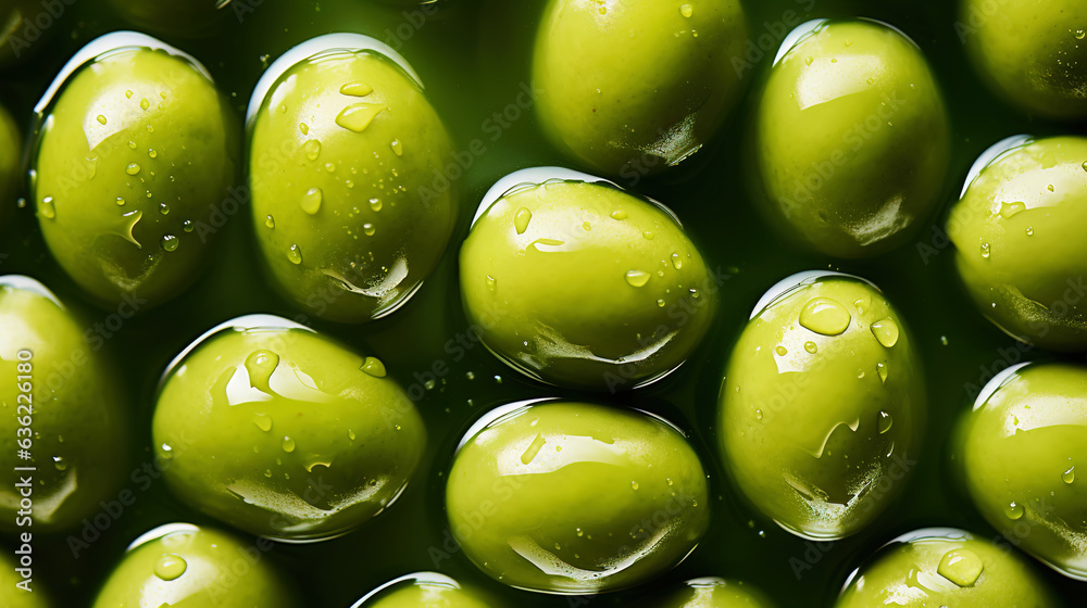 Fresh green olives with water drops background. Vegetables backdrop. Generative AI