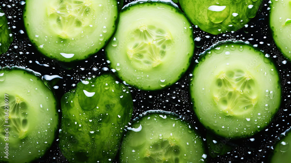 Fresh green cucumber slices with water drops background. Vegetables backdrop. Generative AI