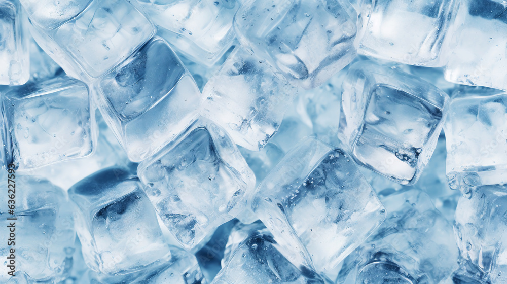 Ice cubes bluish background. Frozen water. Cold fresh concept. Generative AI