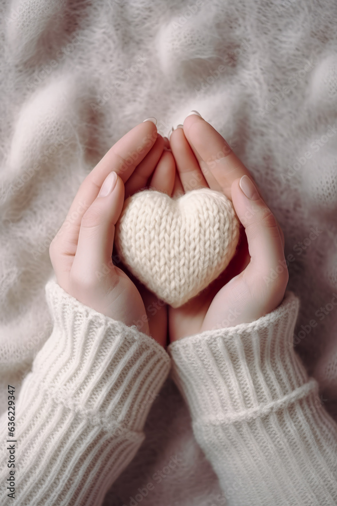 Person holding white heart in their hands on white blanket with white blanket behind them.