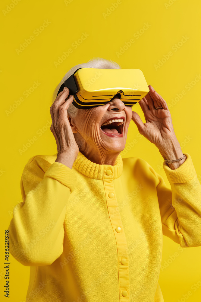 Older woman wearing yellow shirt and holding yellow object over her eyes.