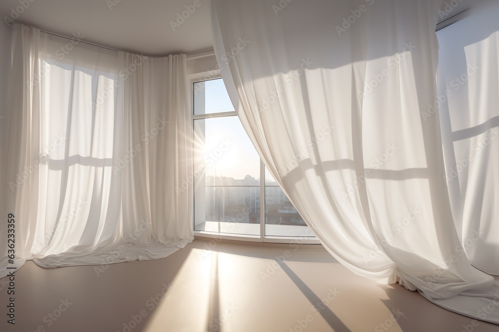 the first beautiful morning sunlight filters through the curtains in a modern white apartment, for i