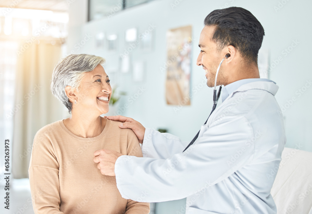 Doctor, senior patient and heart beat, stethoscope and consultation with cardiology and check breath