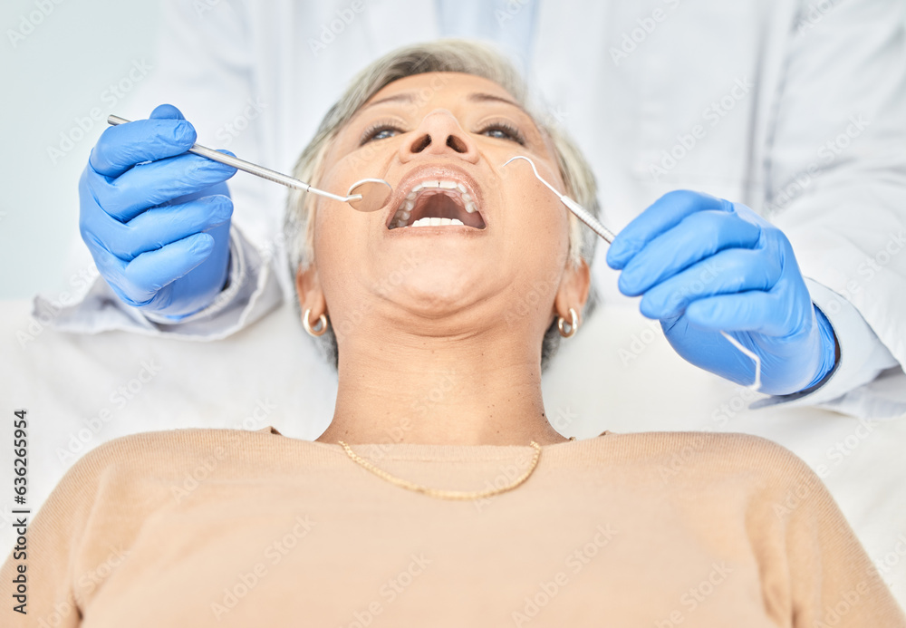 Tools, mature woman and hands of dentist in healthcare, check and dental wellness in clinic. Oral, o