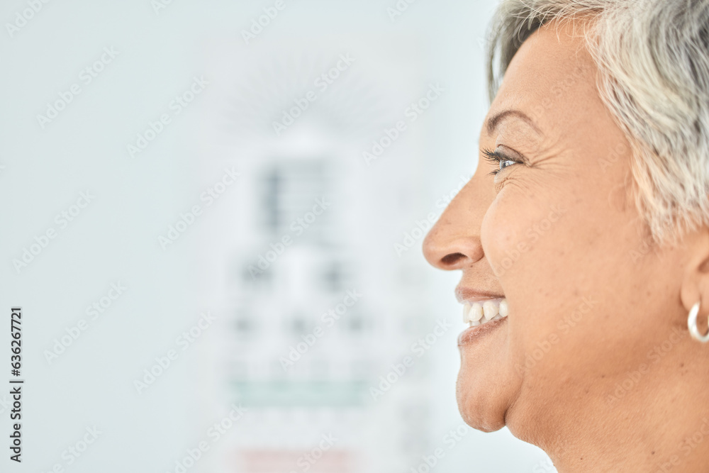 Side profile, face and mockup of a woman for optometry, vision test and exam for healthcare. Smile, 