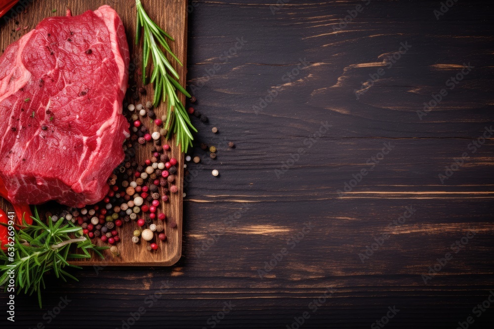 Raw beef on rustic wooden counter top. Overhead view.