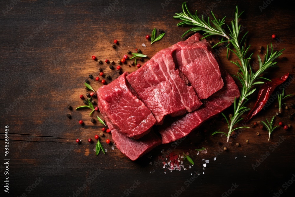 Raw beef on rustic wooden counter top. Overhead view.