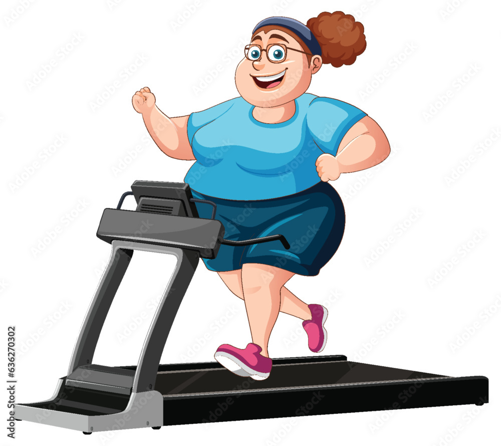 Overweight Woman Running on Treadmill: A Vector Illustration