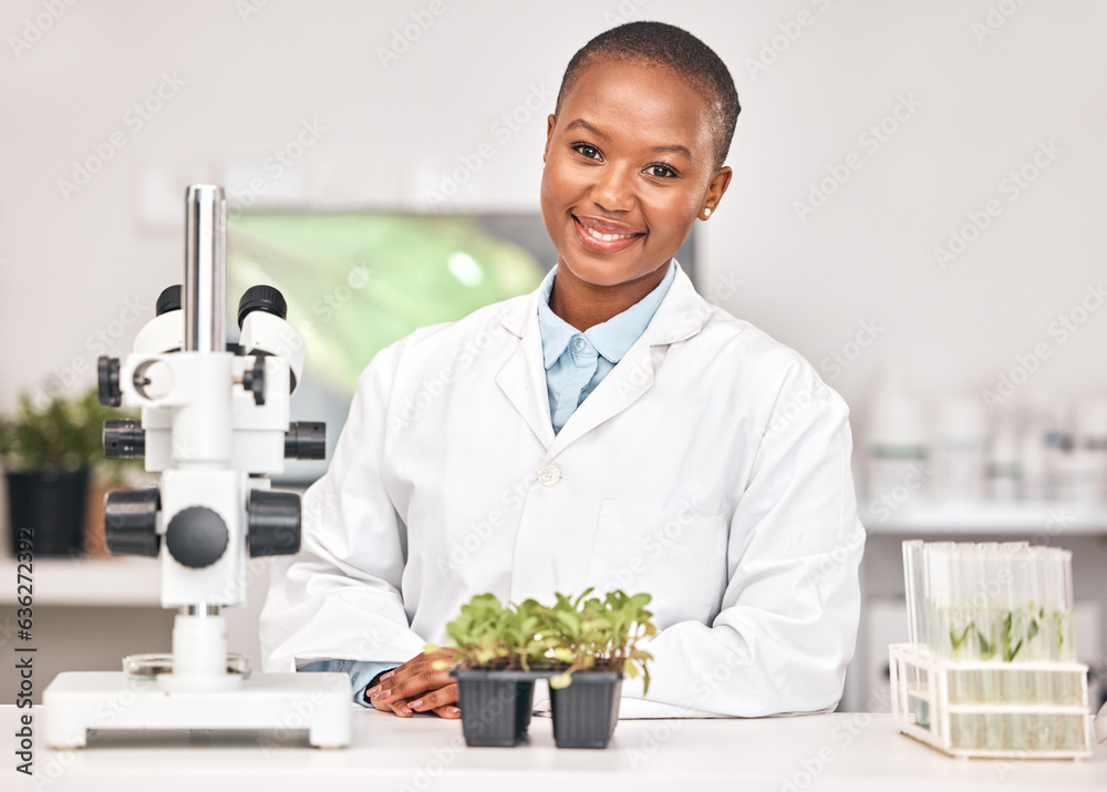 Science, plant and portrait of black woman in laboratory for sustainability research, botany or bioc