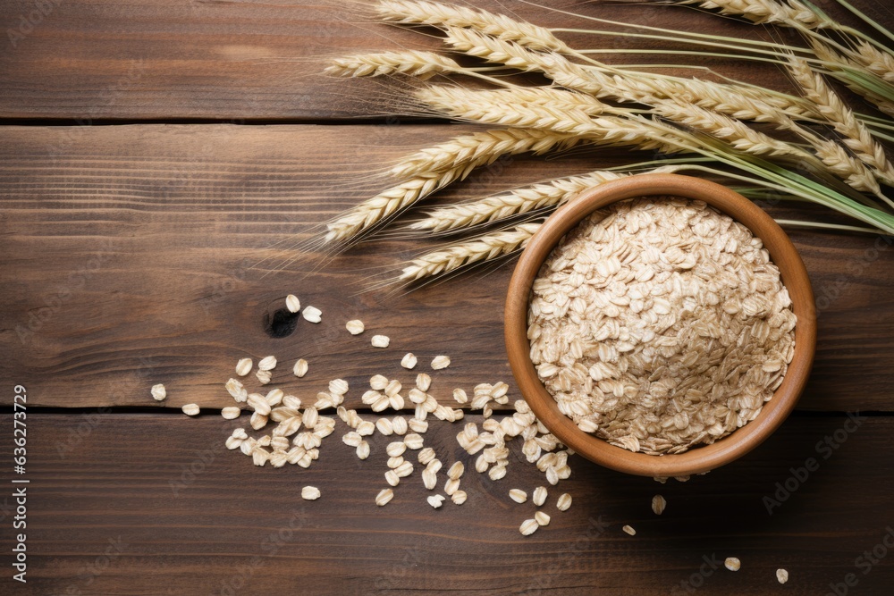 A bowl of oat on wooden background. Overhead view.