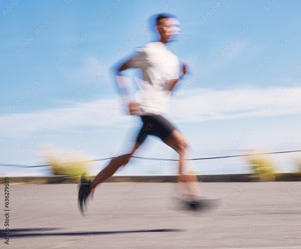 Exercise, running and motion blur with a sports man on a road for his cardio or endurance workout. F