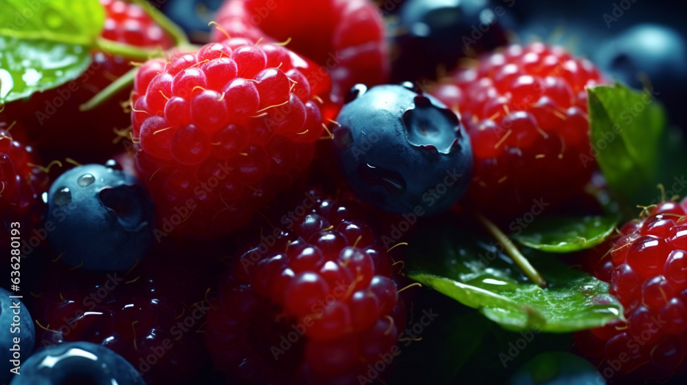 Closeup photo of summer berries. Fresh tasty look, tiny drops of water on the peel. raspberries, blu