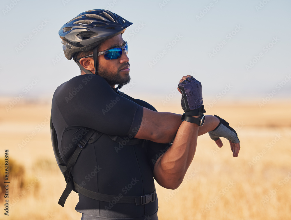 Fitness, nature and man cyclist stretching arms for race, marathon or competition training. Sports, 