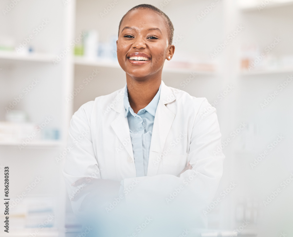 Crossed arms, smile and portrait of black woman pharmacist working in chemist for medication dispens