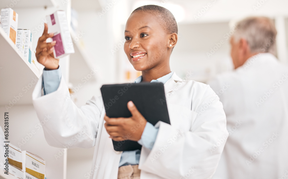 Happy, pharmacy and black woman with a tablet, medical or search internet for medication or pill box