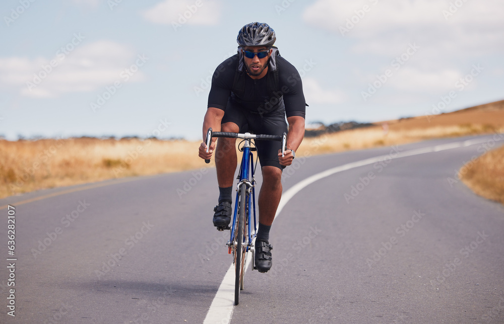 Portrait, street and man on a bike for fitness, countryside cycling or training for a competition. S