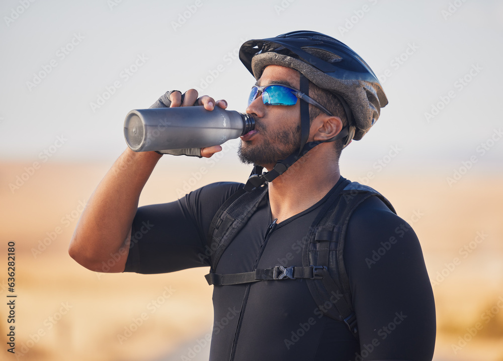 Fitness, health and man cyclist drinking water at race, marathon or competition training. Sports, wo