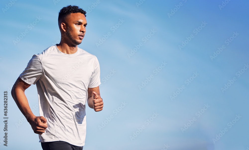 Running, man and training in summer nature and outdoor exercise with athlete in healthy workout or m