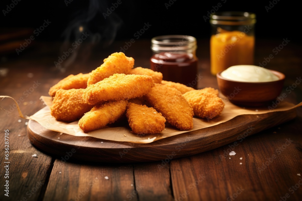 Fried chicken nuggets on wooden table top.