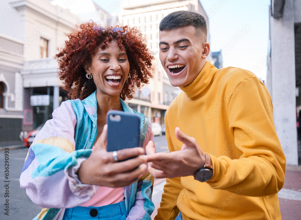 City, funny and man with woman, cellphone and smile with connection, mobile app and social media. Fr