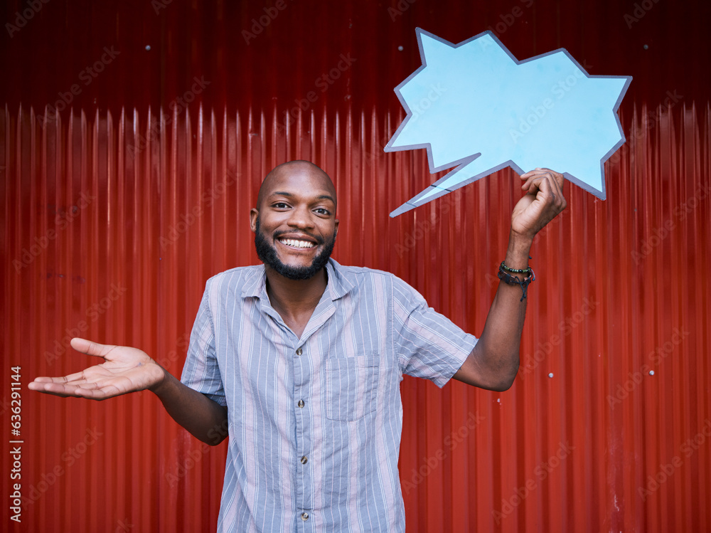 African man, outdoor and speech bubble in portrait, doubt or promotion with mockup space on social m