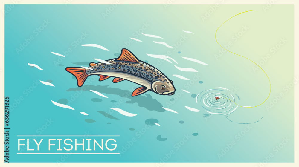 Fishing, presumably trout, on fly fishing tackle, illustration on the topic of fishing, in vector fo