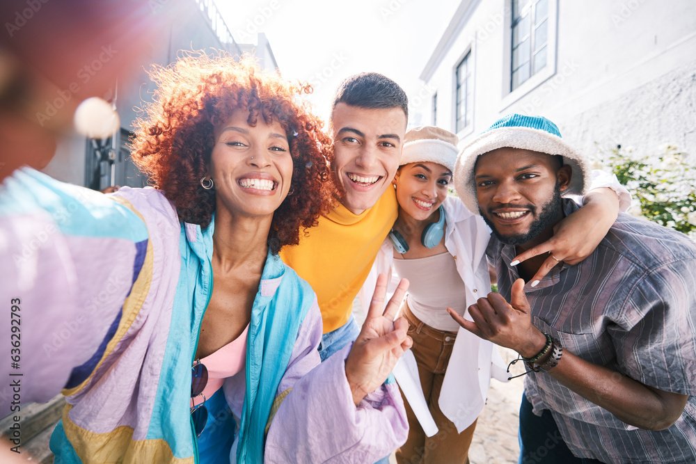 Friends, selfie and city with peace sign, gen z and smile of university students for social media. P