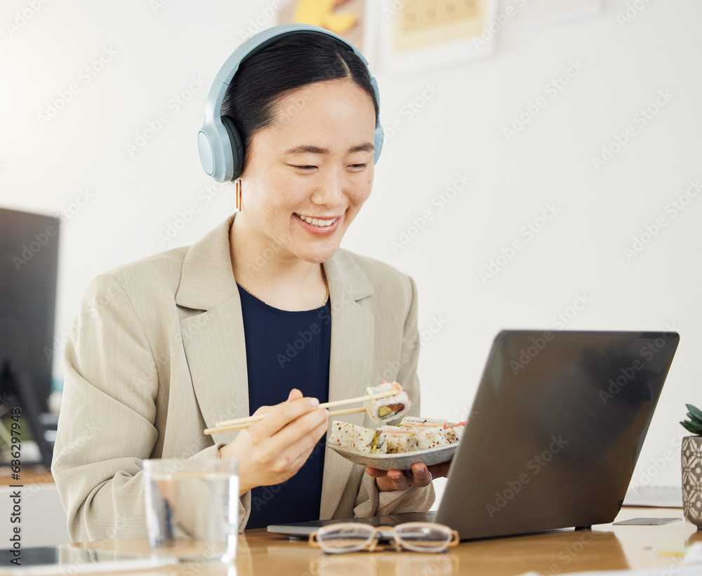 Japanese business woman, laptop and sushi on lunch, video or movie in office for thinking, headphone