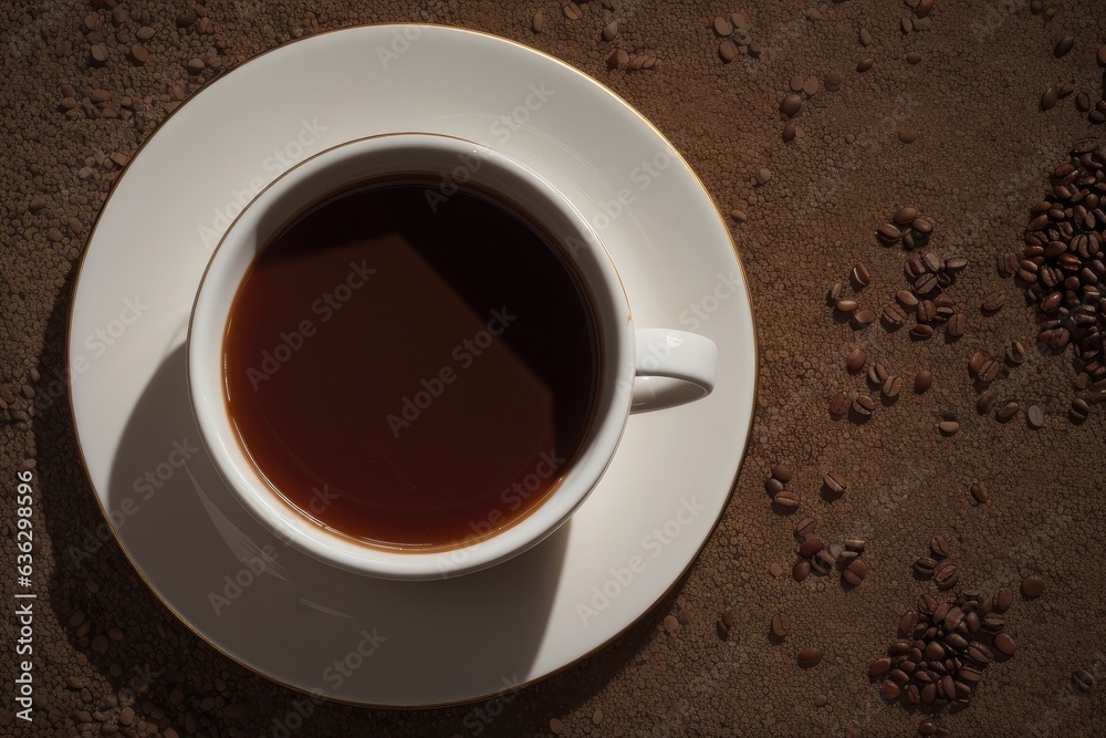 Cup of black coffee, beans and leaves on floor, cup of coffee, cup of coffee on table, cup of coffee