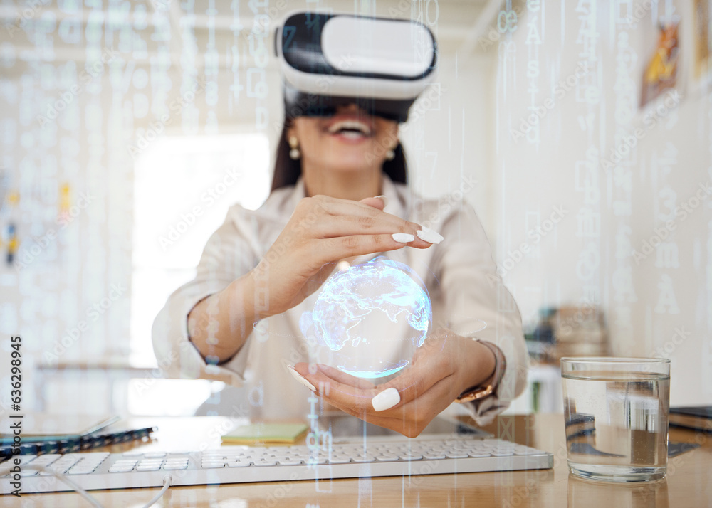 Business woman, virtual reality and globe for network in hands, holographic overlay or code for data