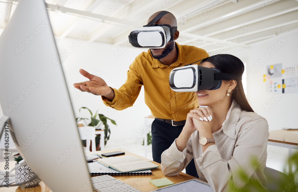 Business people, discussion and computer for vr vision, professional advice and coaching for metaver