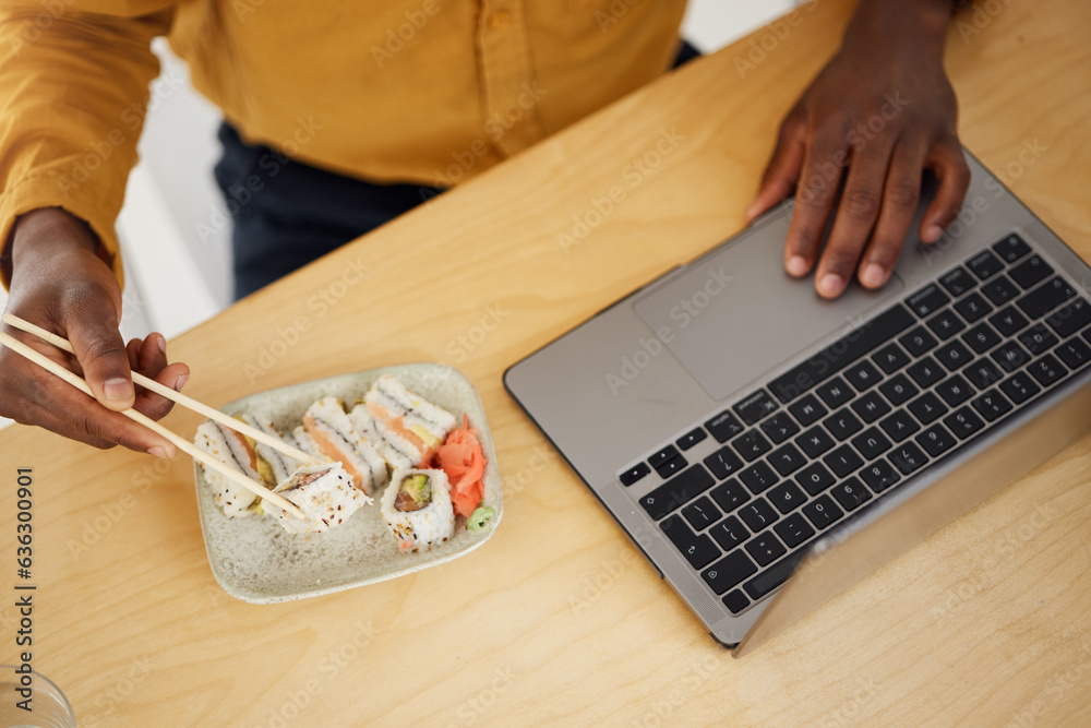 Hands, business man and sushi with laptop, scroll and eating at desk, top view and search in modern 