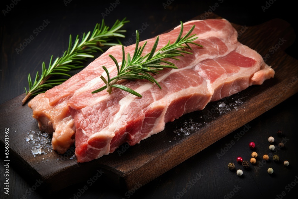 Raw sliced pork meat on chopping board.