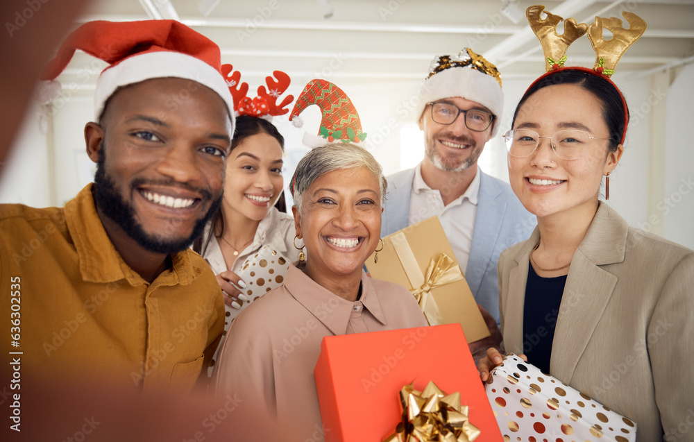 Business people, Christmas selfie and group with smile, present or portrait for celebration, diversi