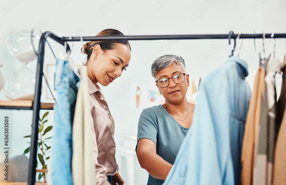 Consultant, fashion and shopping with customer in shop for advice on fabric or products on promotion