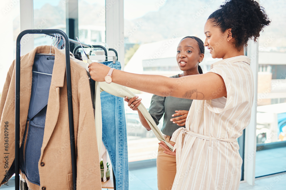 Consultant, fashion and shopping with customer in store for advice on fabric or products on promotio