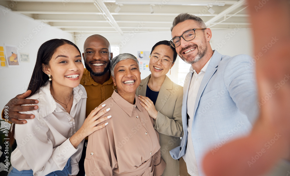 Portrait, selfie and group of business people smile in office for support, team building and trust. 